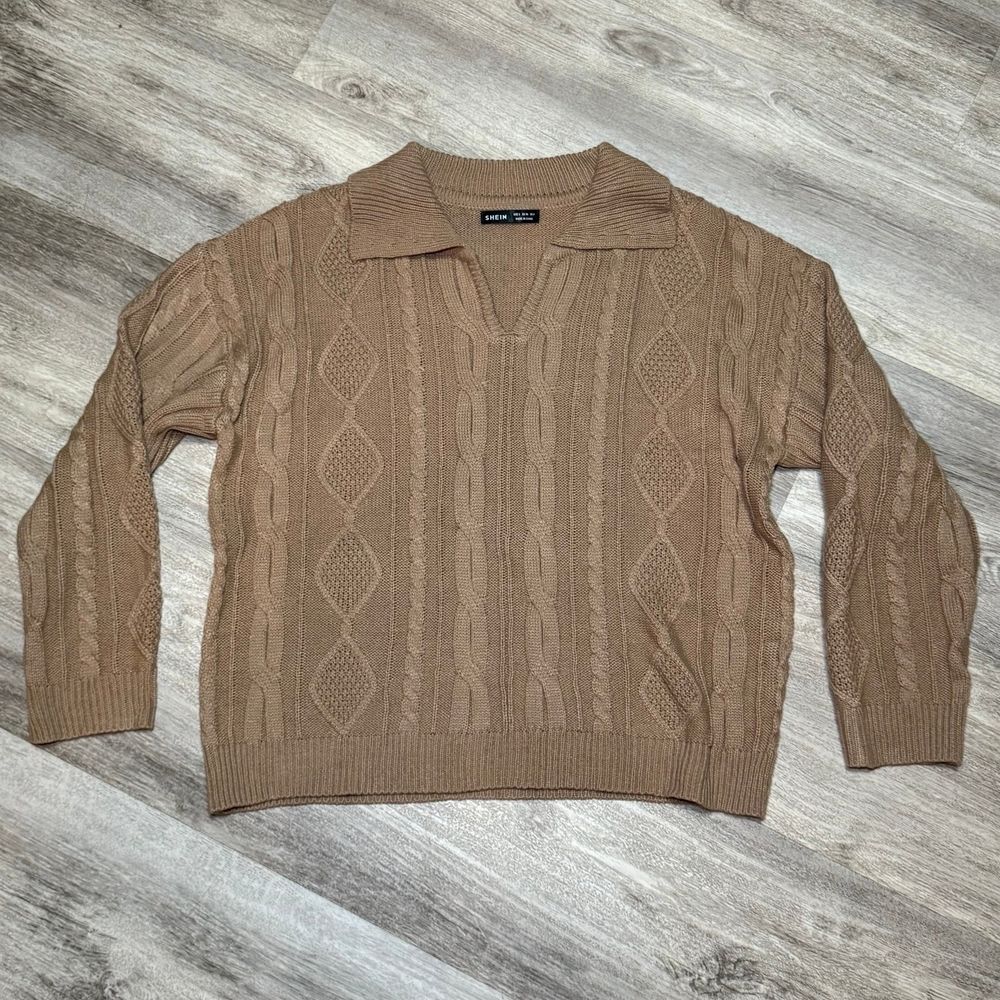 Shein Sweater Women's oversized small Tan V neck Collared Lightweight Cable Knit
